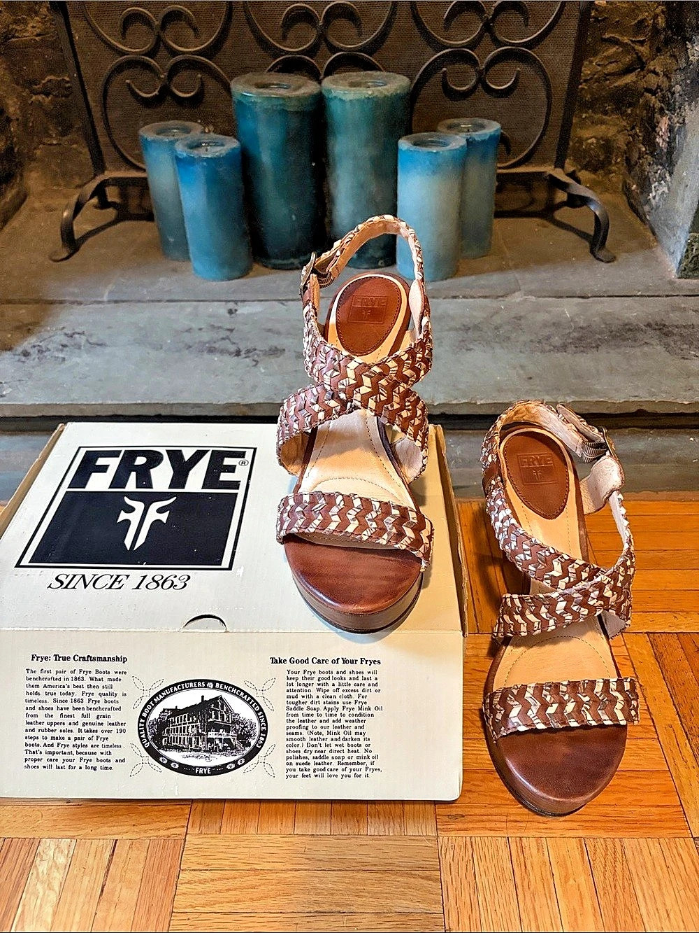 Frye Carson Woven Wedge Platform Wedge Sandals Brown & White